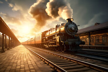 Steam Locomotive On The Platform Of The Railway Station At Sunset.