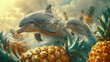 Surrealism A couple riding a baby dolphin through a sea of floating pineapples