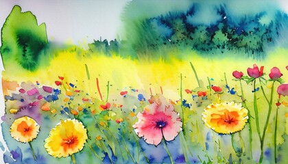 Wall Mural - Spring meadow  watercolor painting