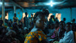 A young girl with malaria in a clinic with other anxious patients and fluorescent lights.