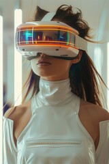 Aufkleber - Woman wearing futuristic VR headset, interacting with virtual objects in a digital space. Generative AI.