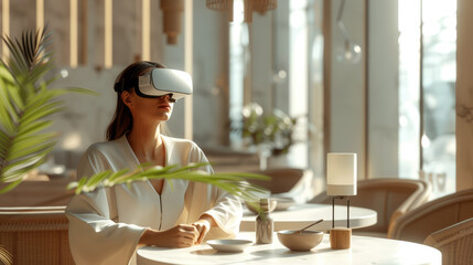 Aufkleber - Female in minimalist cafe with VR headset in the metaverse learning about a brand's sustainability strategy. Generative AI.
