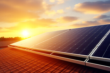 Wall Mural - solar energy panels on sunset sky background 3d render illustration.