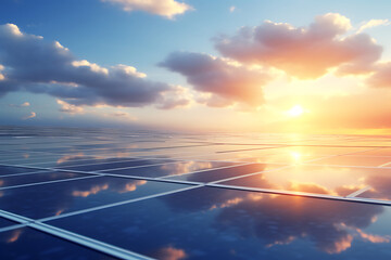 Wall Mural - solar energy panels on sunset sky background 3d render illustration.