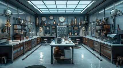 Poster - A scientist's science room, Modern Biological Applied Science Laboratory with Technological Microscopes. Generative AI.