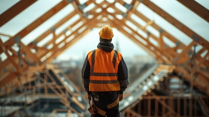 Poster - Construction worker working on roof structure of building on construction site. Generative AI.