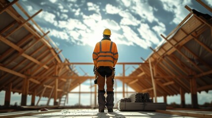 Poster - Construction worker working on roof structure of building on construction site. Generative AI.