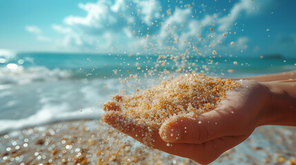 Wall Mural - texture of soft powdery sand grains flowing between fingers against a blue sky.