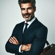 ©  Studio Png - Serious |elegant, man | Confident. American. Businessman, portrait, handsome, smiling, white A young man in a tailored suit, Studio fashion portrait. elegant suit. Corporate Business man Portrait,