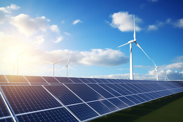 Wall Mural - solar panels and wind turbines, alternative electricity source. 3d rendering