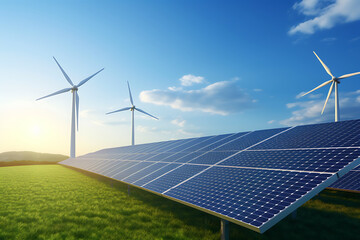 Wall Mural - solar panels and wind turbines, alternative electricity source. 3d rendering