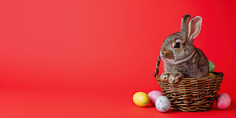 Springtime Easter : Cute brown-striped easter  bunny peeks out from a basket filled with speckled Easter eggs, against a vibrant red background.