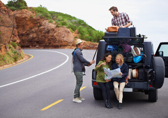 Poster - Friends, road trip and map or car on mountain with luggage on roof or adventure for vacation, travel or navigation. People, group and together in Italy with transportation or camping, holiday or bags