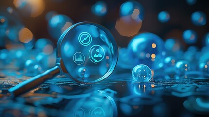 Aufkleber - A magnifying glass with blue targets and marketing icons on top of it. Generative AI.