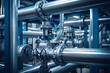 © Creative - Industrial zone, Steel pipelines and valves in blue tones. Toned.