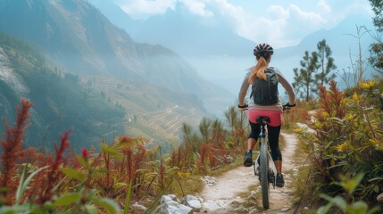 Wall Mural - A woman wearing sportswear cycling on mountain top forest trail