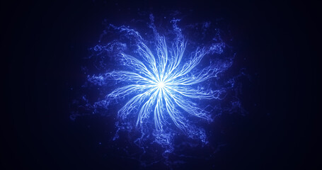 abstract glowing blue futuristic energy dust with waves of magical energy particles on a dark blue b
