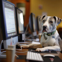 A computer class for pets where dogs learn coding and cats master graphic design merging animal intelligence with technology