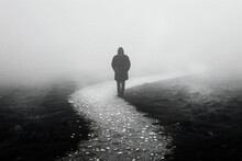 A Lonely Man Walks Along A Country Road In A Dense Fog