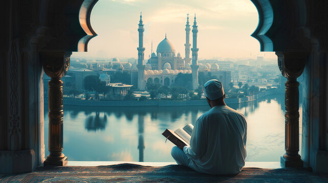 Silhouette of a Muslim man reading the Quran in front of a mosque during sunrise or sunset, evoking a sense of spirituality and devotion.