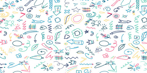 Colorful set of various hand drawn abstract shapes, strokes and doodles. Childish cute drawing. Modern design elements. Vector texture.