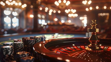 Wall Mural - Close-up of a roulette wheel with casino chips, blurred lights in the background. glamorous gambling setting. excitement of betting. AI