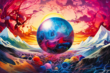 Blue globe in an abstract fantasy setting, representing a planet in space with vibrant colors and surreal artistic design