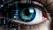 © Atlantist studio - Digital eye, data network and cyber security technology background. Futuristic tech of virtual cyberspace and internet secure surveillance, binary code digital eye or safety scanner