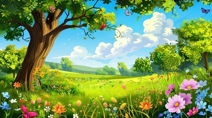 cartoon summer scene with meadow in the forest illustration for children