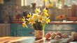 festive decoration of easter eggs and daffodills in kitchen table