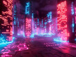 A VR landscape illuminated by neon codes where cyber warriors battle against dark forces threatening security