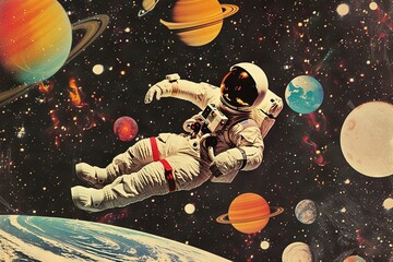 Wall Mural - astronaut in spacesuit on background of galaxy planets in space. contemporary art collage. generativ