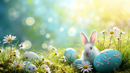 white rabbit with easter eggs in garden, ai generated