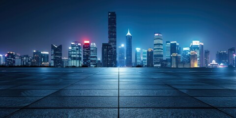 Wall Mural - City skyline and modern commercial buildings night view with empty floor 