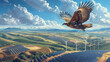 An eagle soars above a landscape dotted with solar farms and wind turbines symbolizing freedom through renewable energy