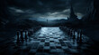 Chess board lying on the dark night.