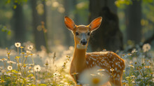 A Young Deer In A Clearing In The Forest.