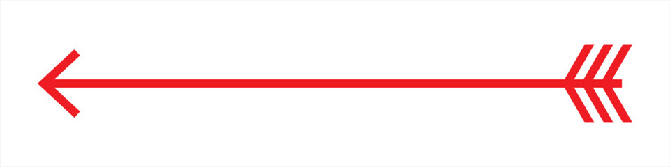 Straight long arrow, leftt thin line, red cursor, horizontal element, thick pointer vector icon isolated on white background. Simple illustration