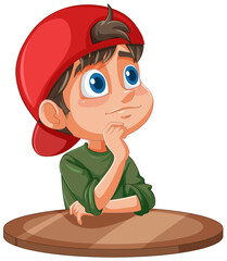 Canvas Print - Cartoon boy thinking with hand on chin.