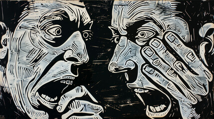 Abstract linocut of two faces in a dialog.