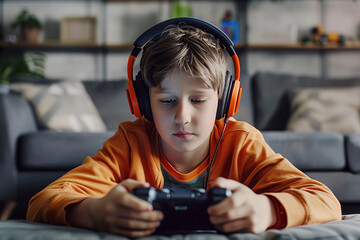 Boy wearing headphones playing video game on tablet mobile phone at home.