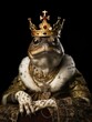 A regal frog wearing a crown on a black background. Generative AI.