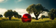 © Kashif Ali 72 - Red glass ball on green meadow with olive trees and blue sky,3d render of a red sphere in a green field with trees