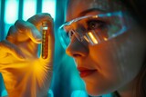 Fototapeta Dinusie - Close up female scientist looking at ampoule with new medication. AI generative