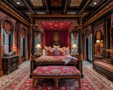 Fototapeta Londyn - A luxurious bedroom with ornate furniture and pink curtains. Generative AI.