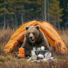 Poster - A bear is sitting in front of a tent with a coffee pot and other camping items. Generative AI.