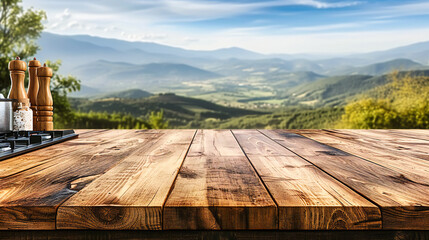 Natures platform, a wooden table set against the grandeur of the outdoors, inviting moments of reflection and tranquility