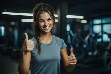 Fitness woman giving thumbs up in the gym, fitness advertising, boxing gym advertising, healthy life，woman exercising in gym