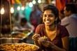 
Photography of a 25-year-old Indian woman enjoying a plate of savory pani puri at a popular beachside snack stall in Mumbai
