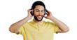 Man, music and headphones or happy for podcast, audio subscription and streaming multimedia playlist. Relax, indian model and listening to radio and sound isolated on a png transparent background